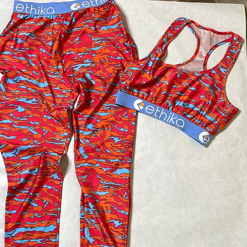 This is an ethics two piece. It is multicolored bottom and top.
